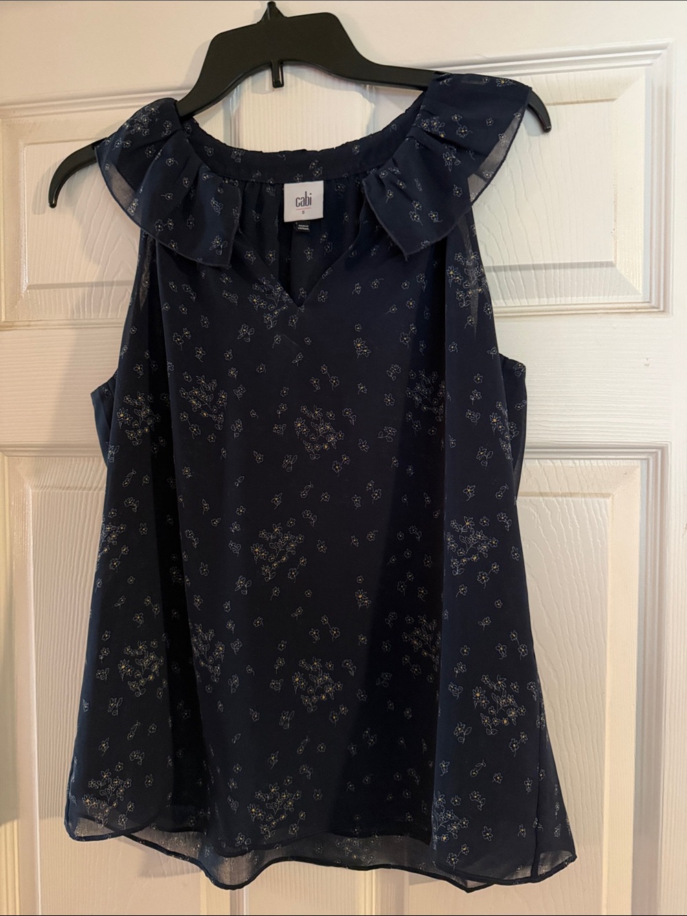 CAbi Navy Floral Ruffle Neck Sleeveless Blouse